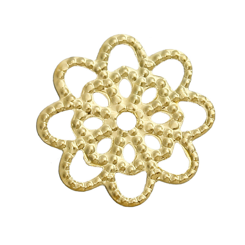 100 GOLD Flower Filigree Embellishments Findings, bright gold charms, 14x14mm, fil0063