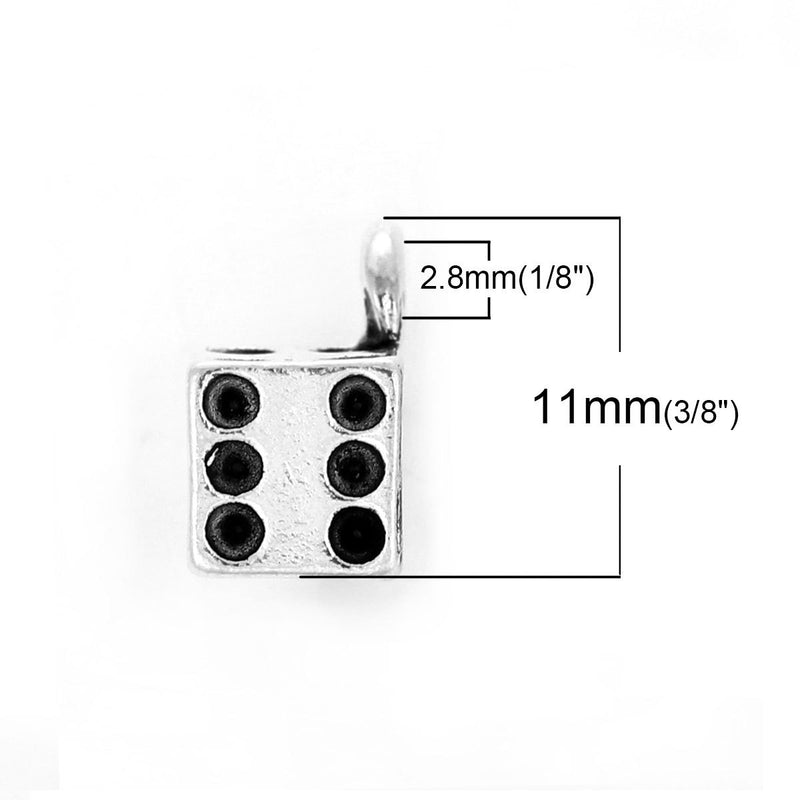 10 DICE charm pendants, silver metal, 11x11mm, chs2395