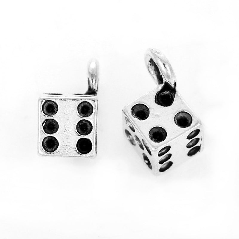 10 DICE charm pendants, silver metal, 11x11mm, chs2395