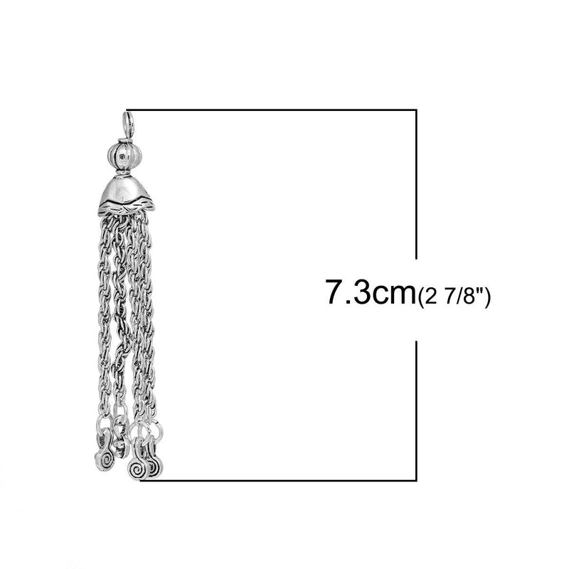 2 Silver Tone ROPE CHAIN Tassel Pendant Charms, dotted accent charms, about 3" long chs2410