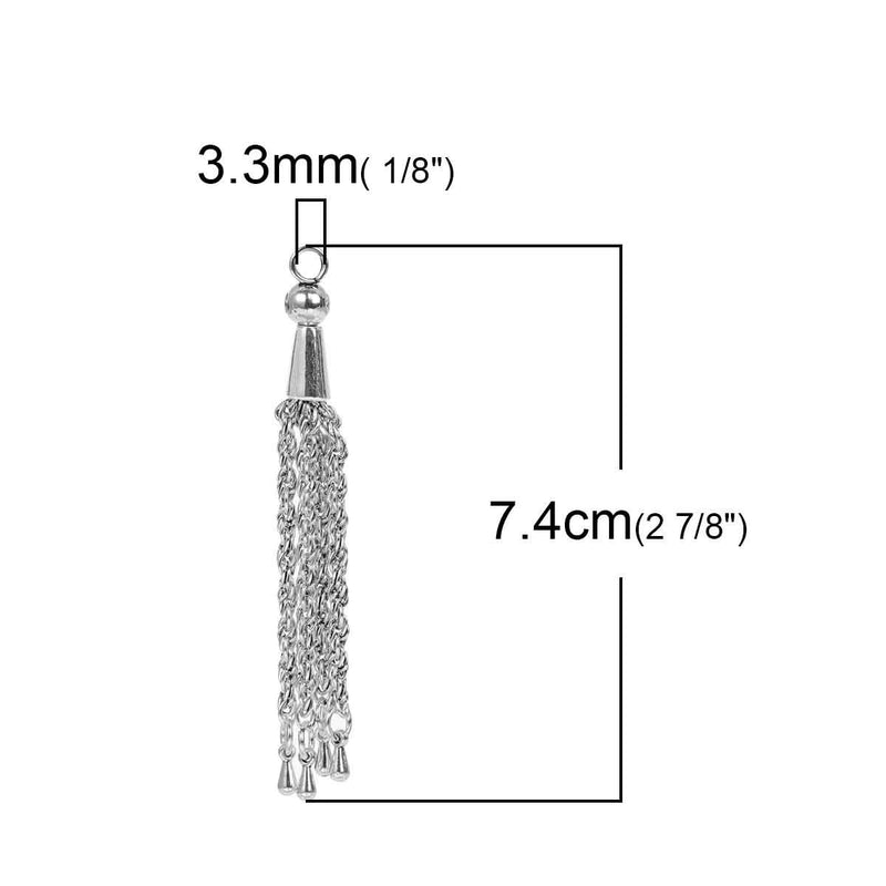 2 Silver Tone ROPE CHAIN Tassel Pendant Charms with teardrop accent charms, about 3" long  chs2414
