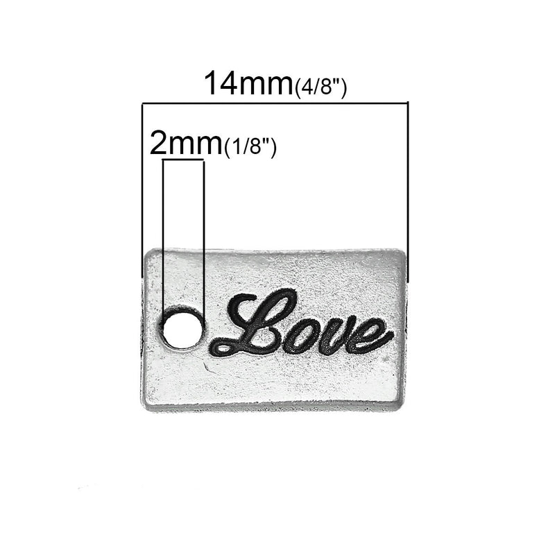 15 Small LOVE SCRIPT Message Rectangle Tag Medallion Charm Pendants, 14x9mm, chs2407