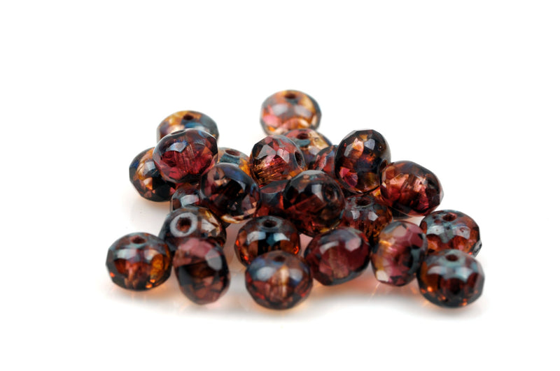 25 ROSE PINK, Red Violet VIOLET Rondelles Czech Glass Beads, Picasso, 8mm, bgl1377