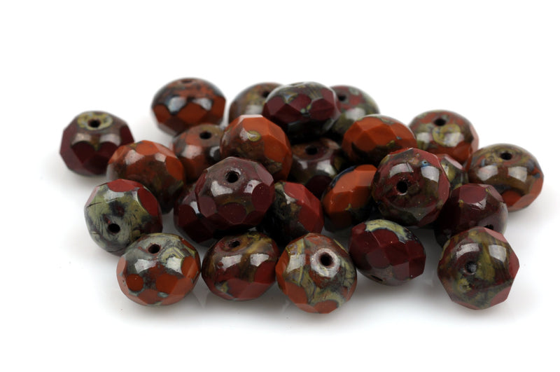 25 DARK RED and ORANGE Rondelles Czech Glass Beads, 8mm, bgl1366