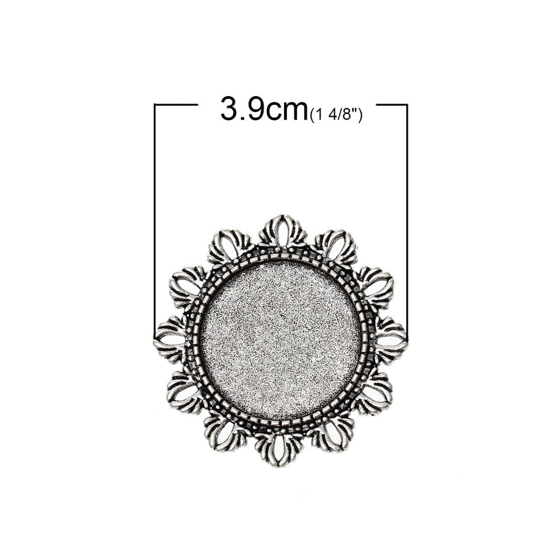 10 Antique Silver Fancy Flower Filigree Pins, round bezel tray fits 25mm cabochon, pin0097