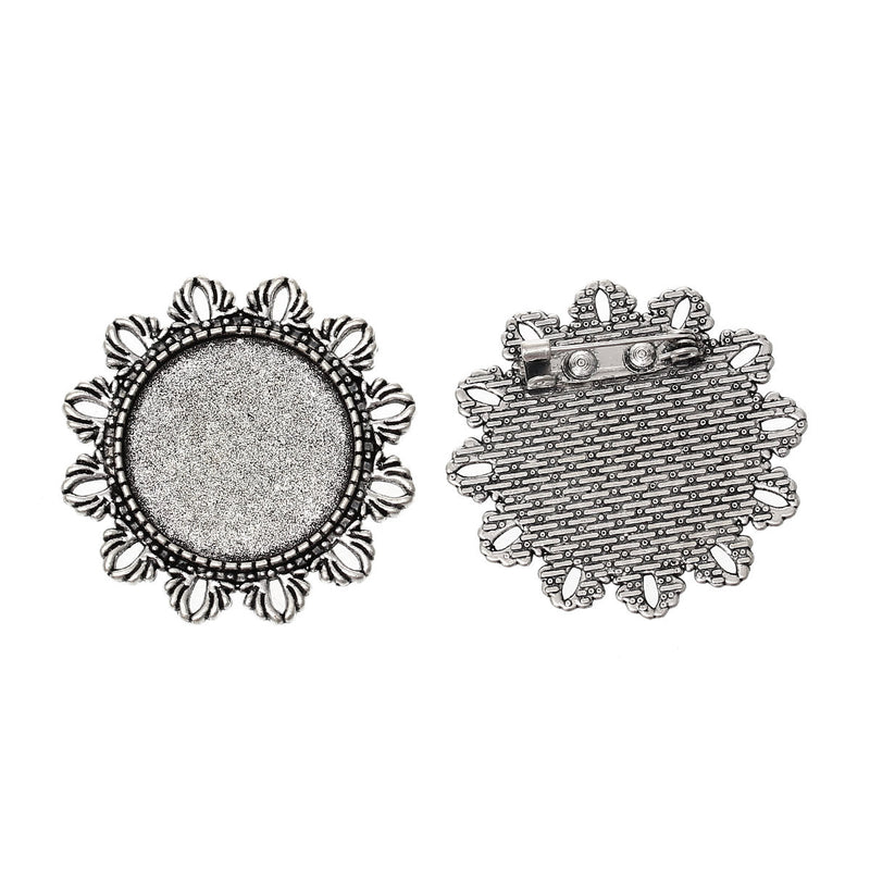 10 Antique Silver Fancy Flower Filigree Pins, round bezel tray fits 25mm cabochon, pin0097