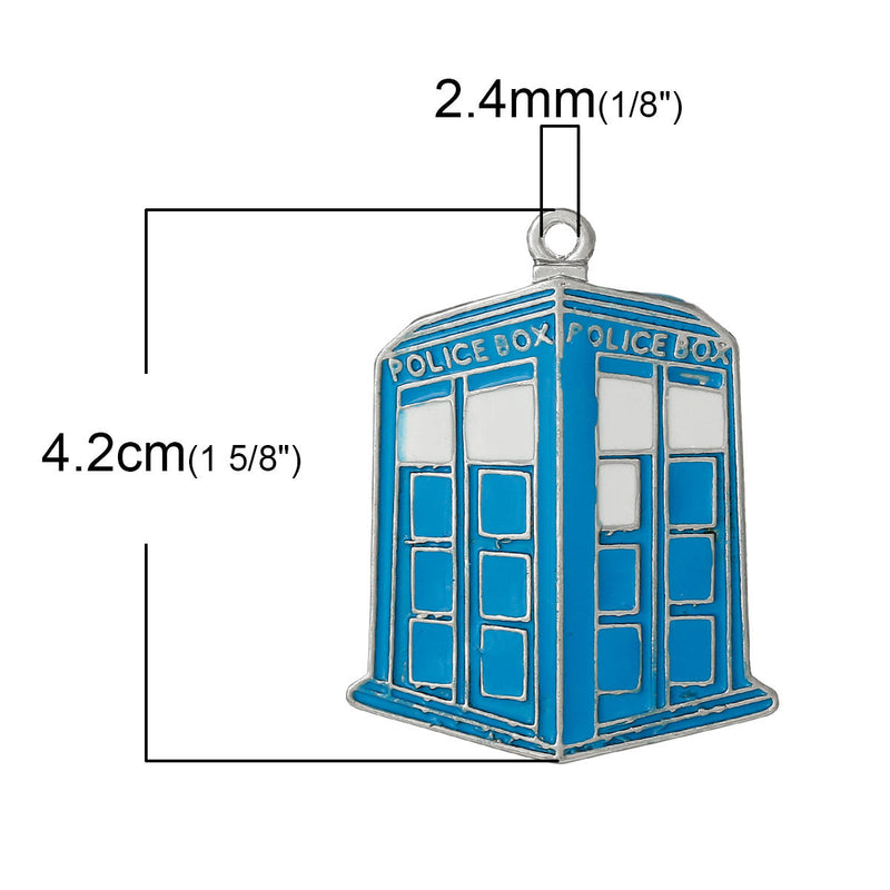 1 Large Blue Enamel and Silver Tone POLICE BOX Pendant, Phone Box Charm, Blue Police Box, 42x33mm, che0513