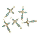 5 LIGHT BLUE Enamel and Light Gold Plated Fancy Cross with Rhinestones Connector Charms, chg0381