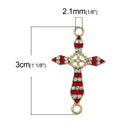 5 RED Enamel and Light Gold Plated FANCY Cross with Rhinestones Connector Charms, chg0380