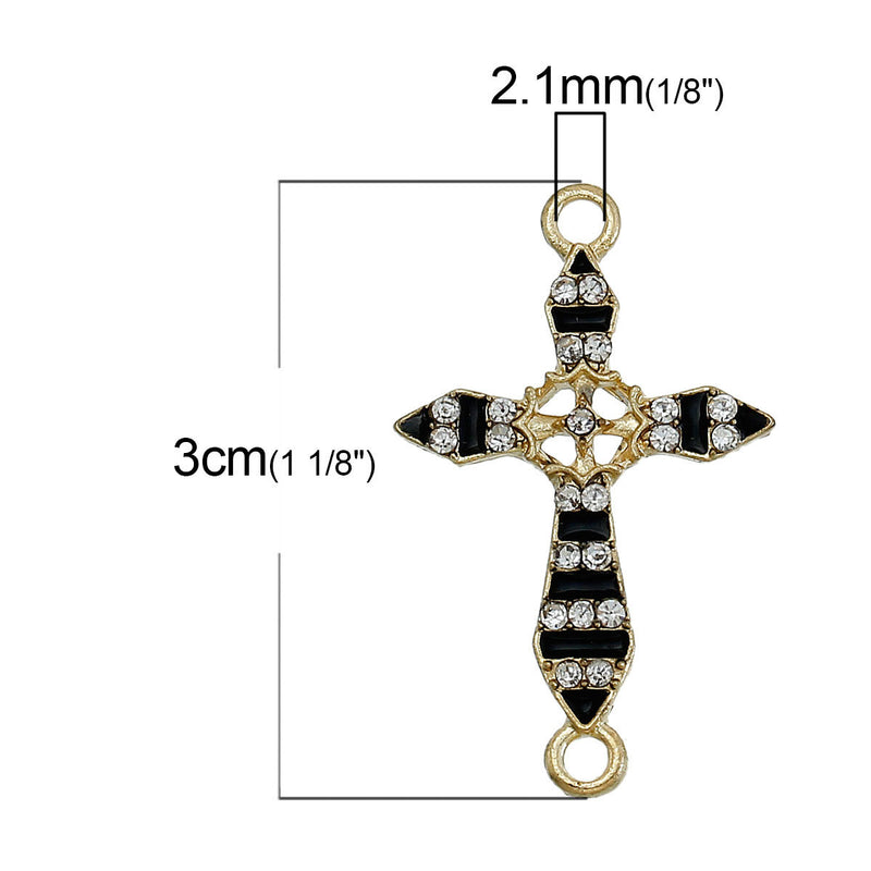 5 BLACK Enamel and Light Gold Plated FANCY Cross with Rhinestones Connector Charms, chg0378