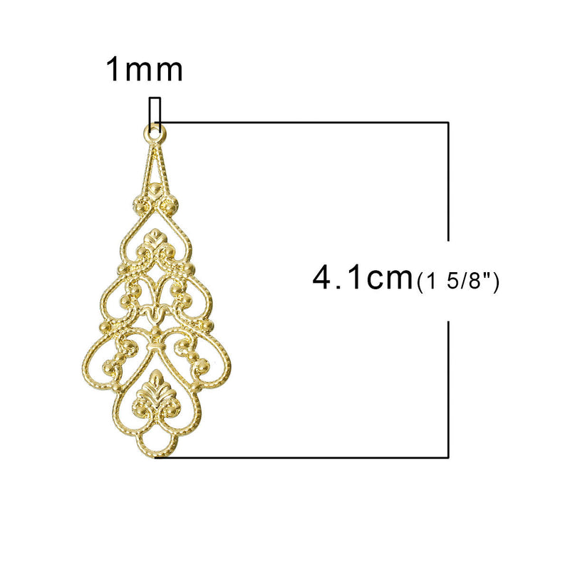 10 GOLD PLATED Brass Teardrop Filigree, Charms, Pendants, Findings, 41x18mm, fil0062