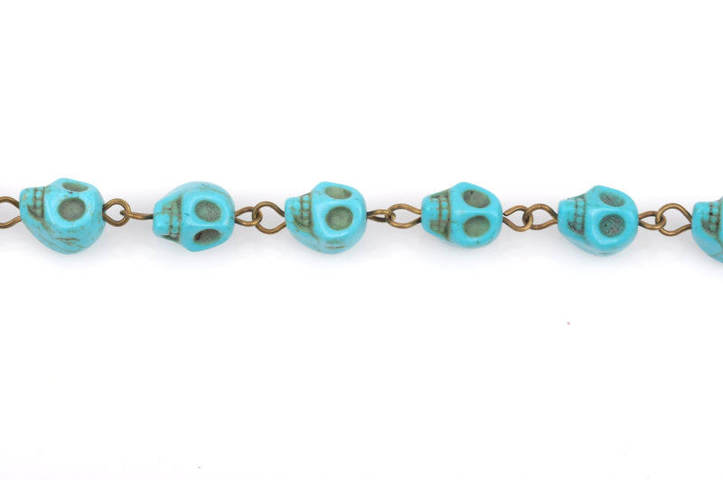 11 feet spool TURQUOISE HOWLITE SKULL Bead Rosary Chain, gemstone chain, bronze gold links, 10mm skull gemstone beads, fch0370b