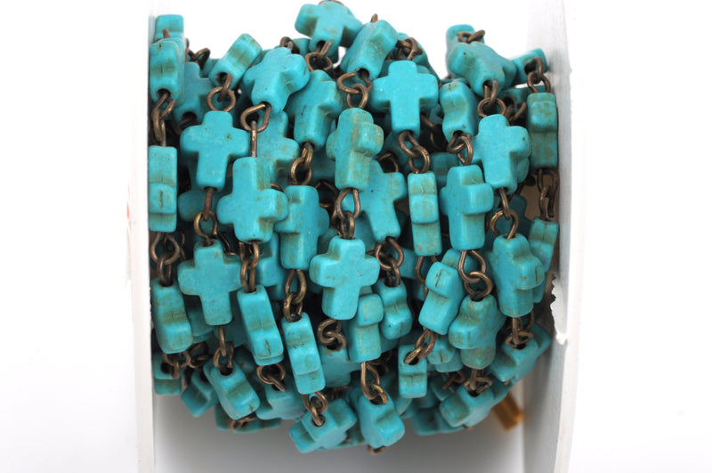 10 ft. spool TURQUOISE HOWLITE CROSS Bead Rosary Chain, gemstone chain, bronze gold links, 10x8mm cross gemstone beads, fch0372b