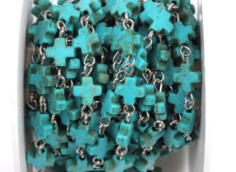 1 yard TURQUOISE HOWLITE Maltese CROSS Bead Rosary Chain, gemstone chain, silver links, 8mm round gemstone beads, fch0373a