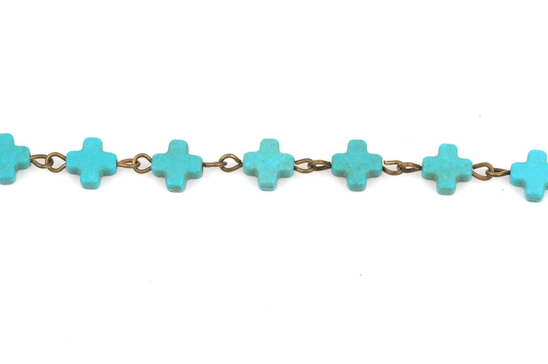 13 ft spool TURQUOISE HOWLITE Maltese CROSS Bead Rosary Chain, gemstone chain, bronze links, 8mm, fch0374