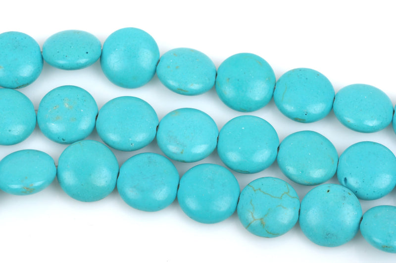 14mm TURQUOISE BLUE Howlite Round Coin Beads, full strand, 27 beads, how0441