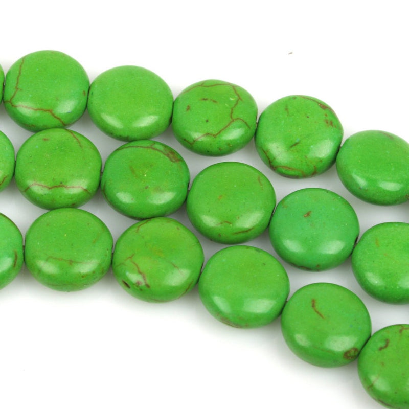 14mm KELLY GREEN Howlite Round Coin Beads, full strand, 27 beads, how0443