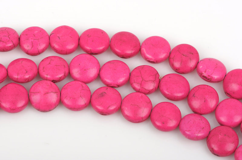12mm HOT PINK Howlite Round Coin Beads, full strand, 33 beads, how0449