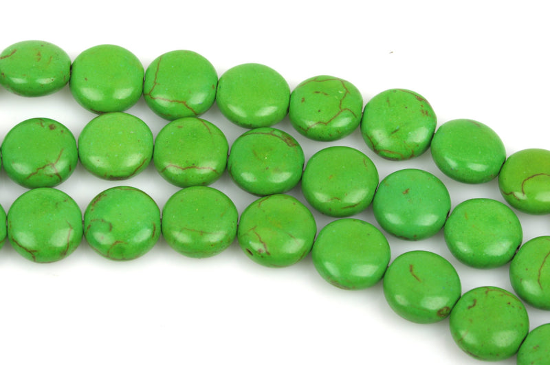 12mm KELLY GREEN Howlite Round Coin Beads, full strand, 33 beads, how0454