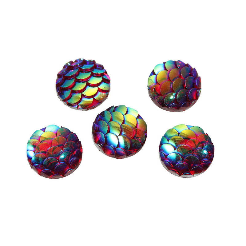 10mm MERMAID FISH SCALE Cabochons, Round Resin Metallic, red iridescent,  10 pieces, 3/8"  cab0399