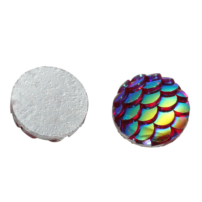 10mm MERMAID FISH SCALE Cabochons, Round Resin Metallic, red iridescent,  10 pieces, 3/8"  cab0399