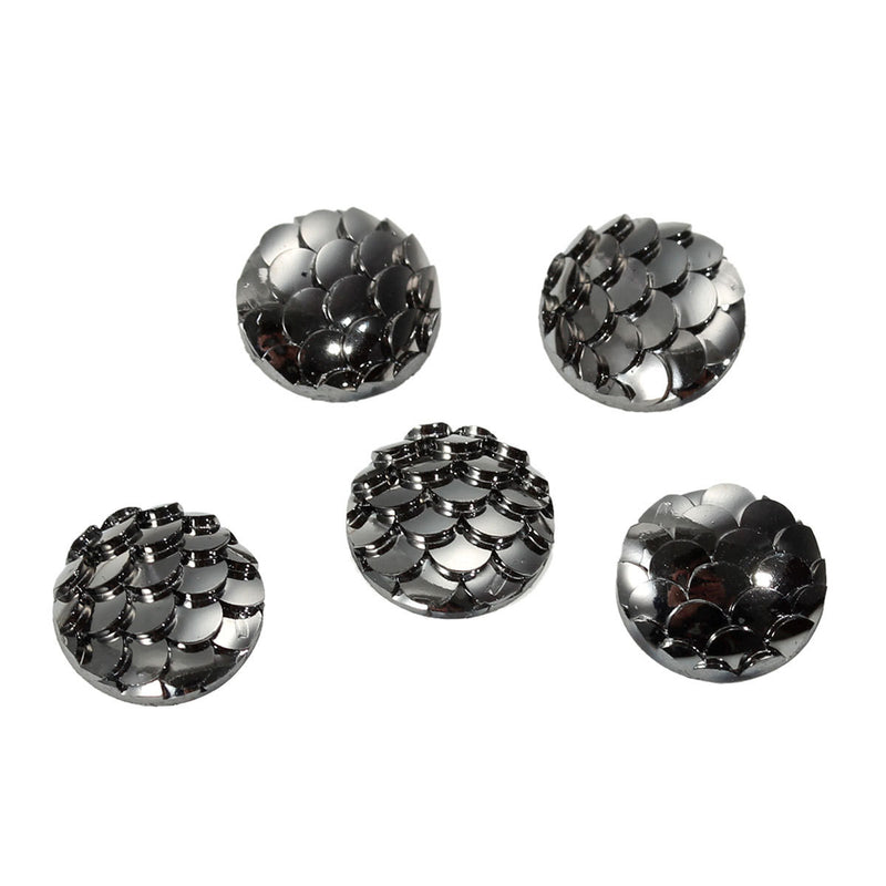 10mm MERMAID FISH SCALE Cabochons, Round Resin Metallic, gunmetal dark silver,  10 pieces, 3/8"  cab0403