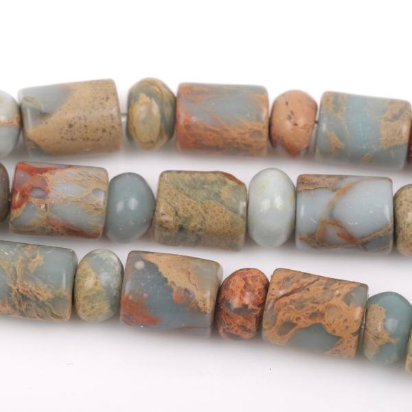 AQUA TERRA JASPER Gemstone Beads, 10x8mm Barrel and 8mm Rondelle,natural, blue green, tan, full strand gja0107