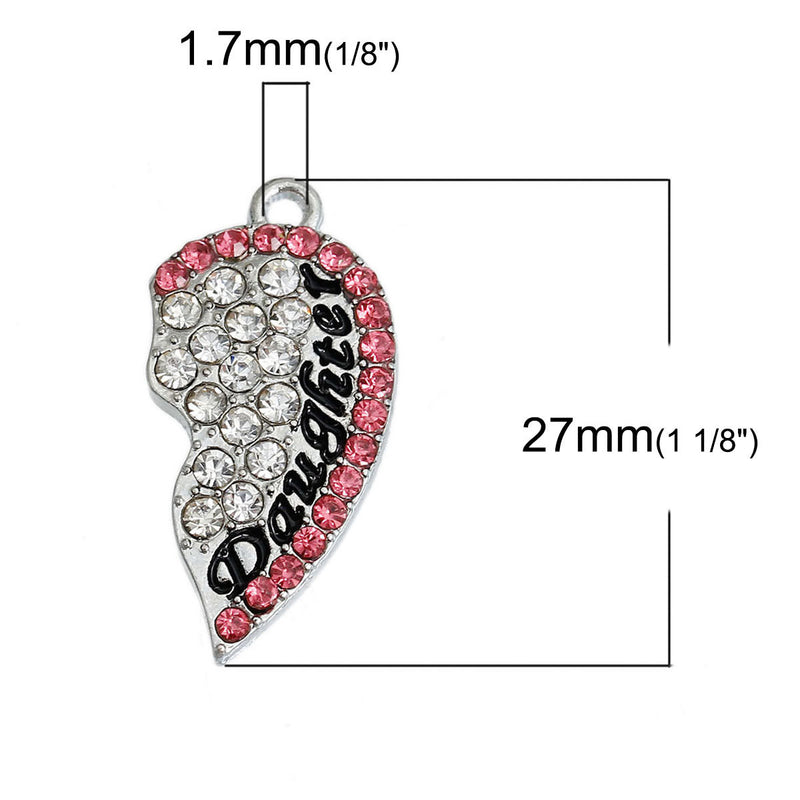 MOTHER and DAUGHTER Heart Charms Pendants, Pink and Clear Crystals, Mother's Day Charms, Charm Pendants, 1 set,  chs2307