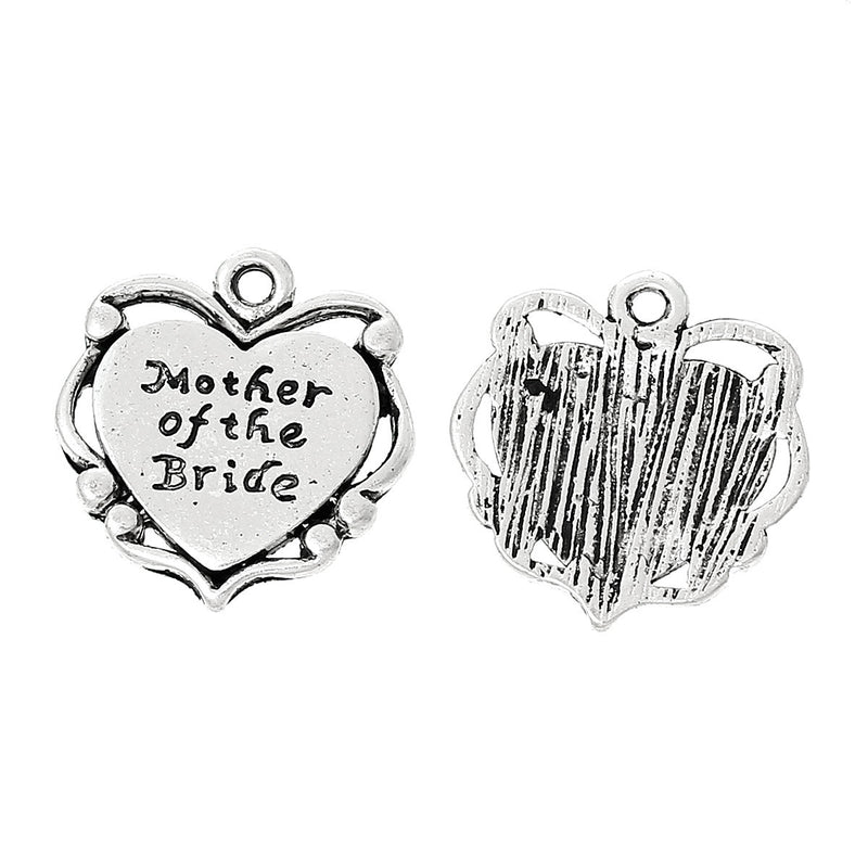 10 Silver MOTHER of the BRIDE Charm Pendants, Heart Charms, chs2312