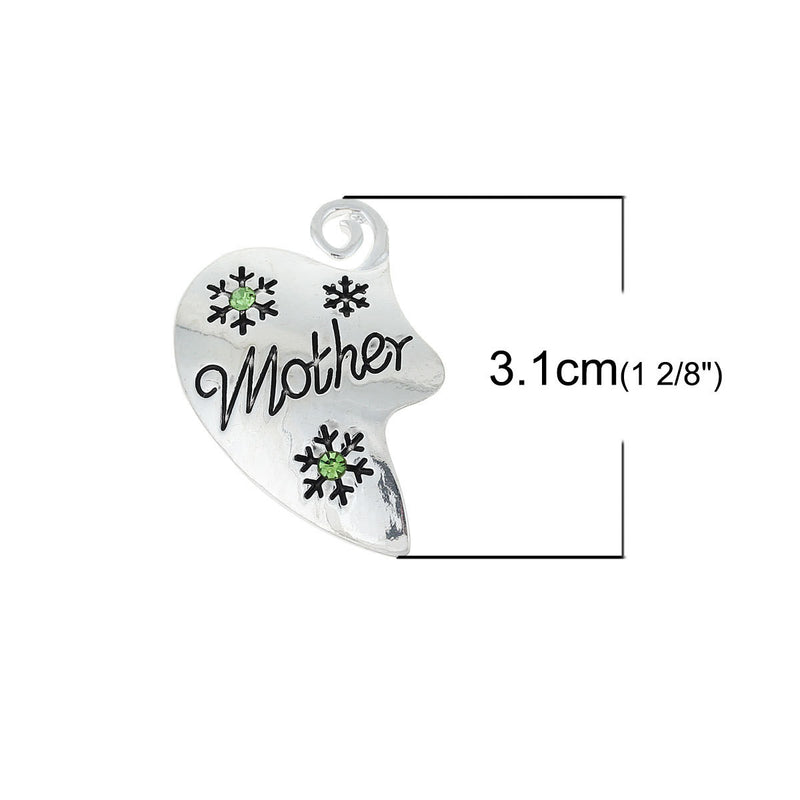 2 Sets Silver MOTHER and DAUGHTER Heart Charm Pendants, Green Rhinestones,  chs2314