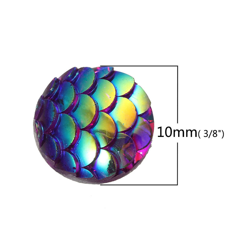 10mm MERMAID FISH SCALE Cabochons, Round Resin Metallic, purple iridescent,  10 pieces, 3/8"  cab0404