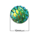 10mm MERMAID FISH Scale Cabochons, Round Resin Metallic, Green AB iridescent,  10 pieces, 3/8"  cab0405