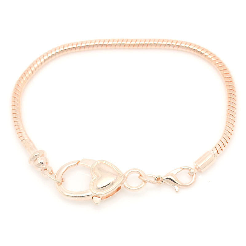 3 Rose Gold Snake Chain Bracelets with Fancy Heart Lobster Clasp, Fits European Style Beads, 18cm, 7-1/8" long FCH0382