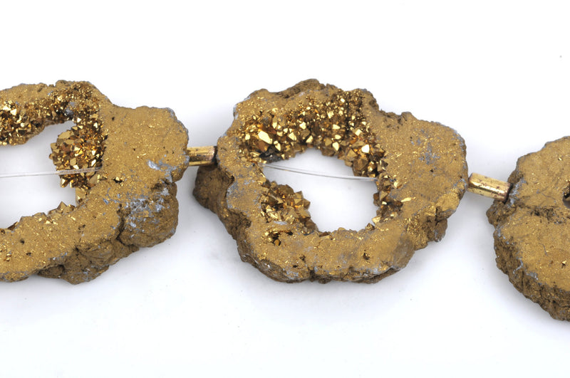 8 Large GOLD DRUZY Natural GEMSTONE Quartz Geode Beads, Flat Round Slabs, beads are 1-3/4" - 2", Metallic Plated Crystals, gdz0160