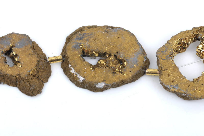 8 Large GOLD DRUZY Natural GEMSTONE Quartz Geode Beads, Flat Round Slabs, beads are 1-3/4" - 2", Metallic Plated Crystals, gdz0160