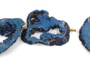 5 Large BLUE DRUZY Natural GEMSTONE Quartz Geode Beads, Flat Round Slabs, beads are 2-1/2" to 3", Metallic Plated Crystals, gdz0161