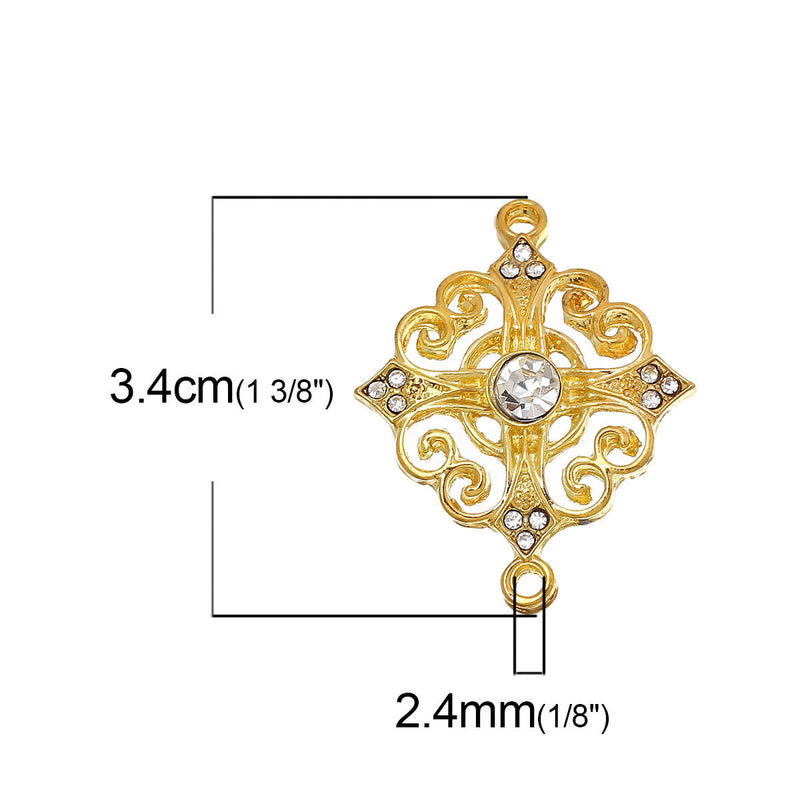 5 GOLD PLATED Brass Filigree, Rhinestone Connector Links, Charms, Pendants, Findings, 34x27mm, chg0388
