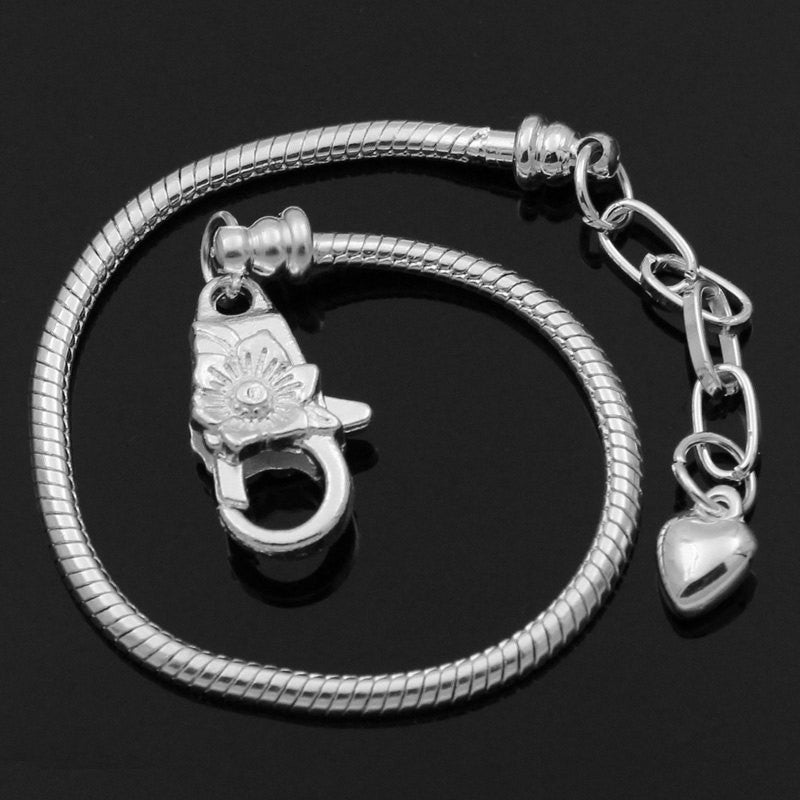 4 Silver Plated Snake Chain Bracelets with Lobster Clasp . Fits European Style Beads, 20cm, 7-7/8" long add your own beads, fch0438