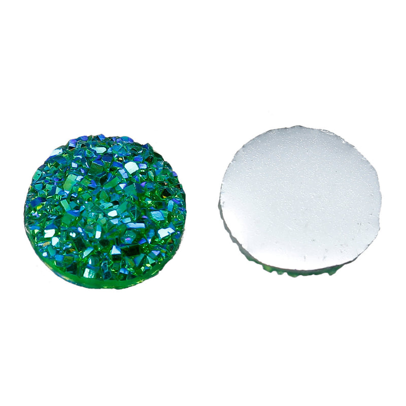 10 Round Resin GREEN RAINBOW Glitter DRUZY Cabochons, faux druzy, 12mm  cab0448