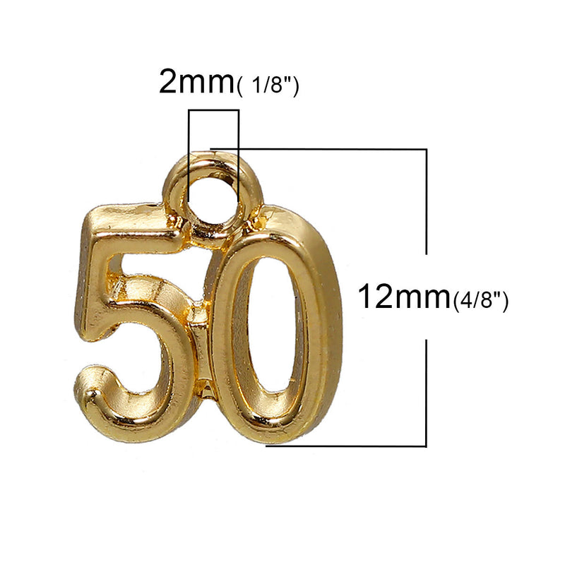 20 Gold Plated Number 50 (Fifty) Charms, 12mm, about 1/2" - chg0414b