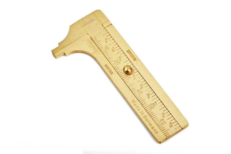 Brass Vernier Caliper, Bead measuring tool, measures in millimeters mm and inches in.  range is 0-68mm, 0-2.5" made in Germany, tol0559
