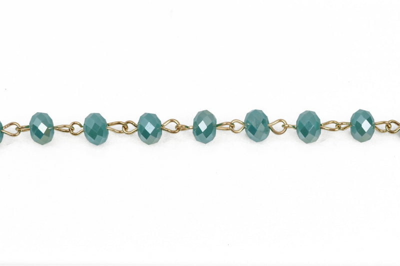 1 yard TURQUOISE BLUE AB Crystal Rondelle Rosary Chain, gold, 8mm faceted rondelle glass beads, fch0444a