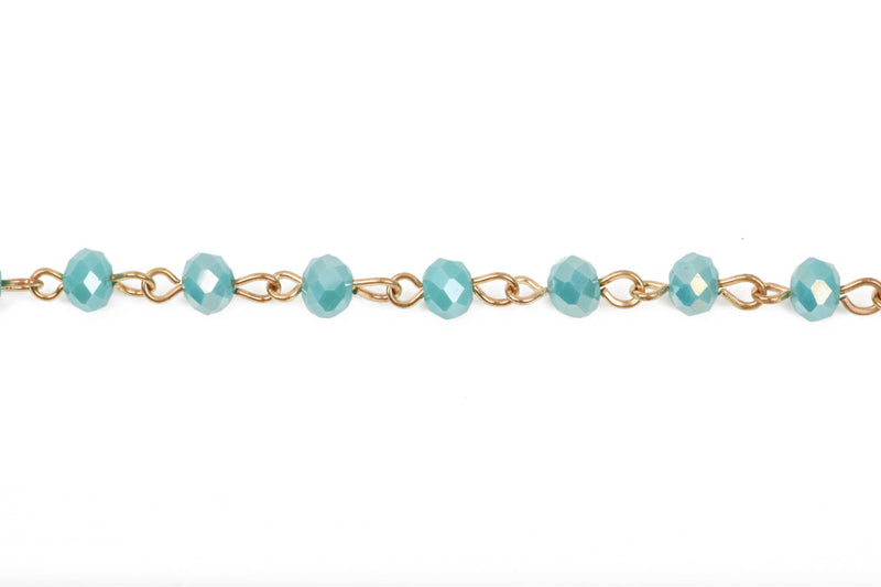 1 yard TURQUOISE BLUE AB Crystal Rondelle Rosary Chain, gold, 6mm faceted rondelle glass beads, fch0445a