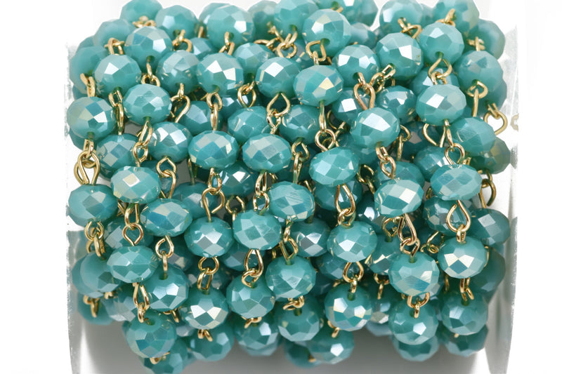 13 feet (4.33 yards) spool TURQUOISE BLUE AB Crystal Rondelle Rosary Chain, gold, 8mm faceted rondelle glass beads, fch0444b