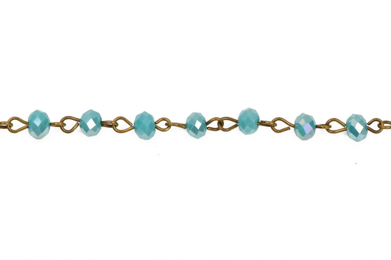 1 yard (3 feet) TURQUOISE BLUE AB Crystal Rondelle Rosary Chain, bronze, 6mm faceted rondelle glass beads, fch0446a
