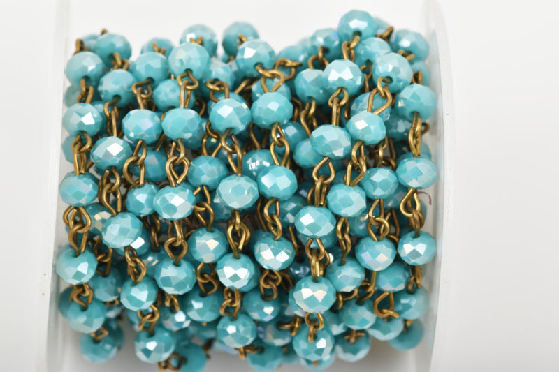 1 yard (3 feet) TURQUOISE BLUE AB Crystal Rondelle Rosary Chain, bronze, 6mm faceted rondelle glass beads, fch0446a