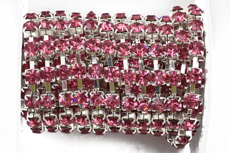 1 yard ( 3 feet ) Rhinestone Cup Chain, large 6mm rhinestones, bright silver base metal and PINK glass crystals fch0448