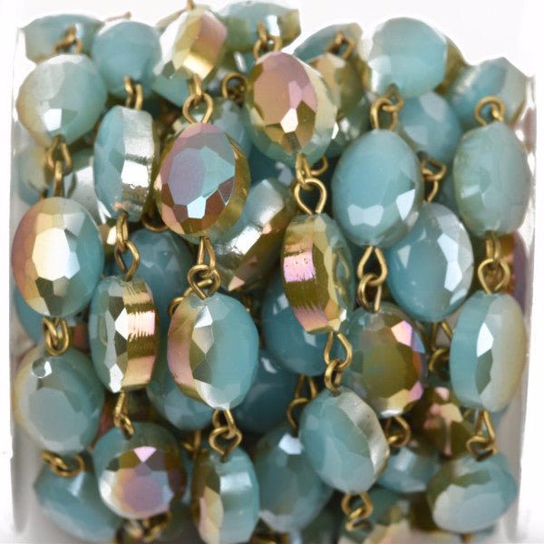 8 feet spool TURQUOISE BLUE Rainbow AB Crystal Rondelle Rosary Chain, bronze links, 12x9mm faceted oval glass beads, fch0452