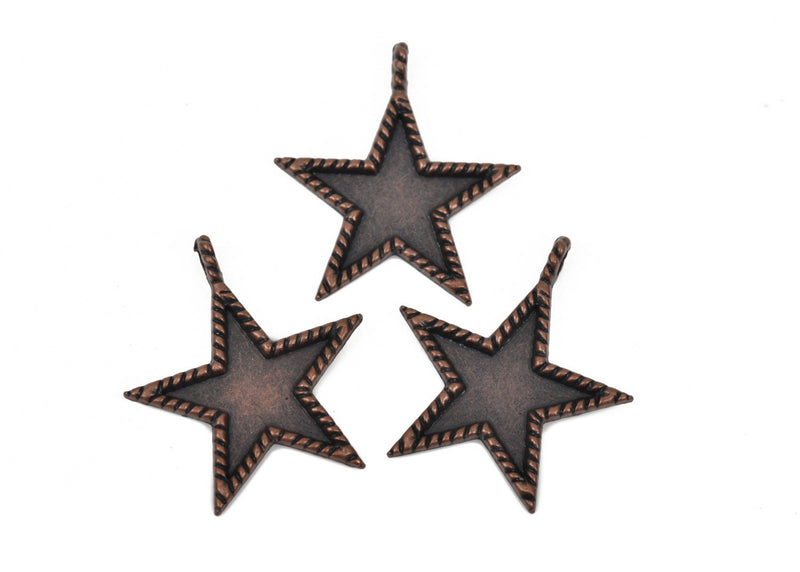 5 STAR Bezel Charm Pendants, antiqued copper metal, recessed bezel, 33x30mm, chc0050