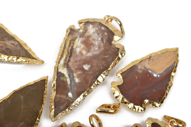1 AGATE Gemstone ARROWHEAD Gemstone Pendant, Hammered Gold Plated Bezel, 2" to 2.5" long cgm0052